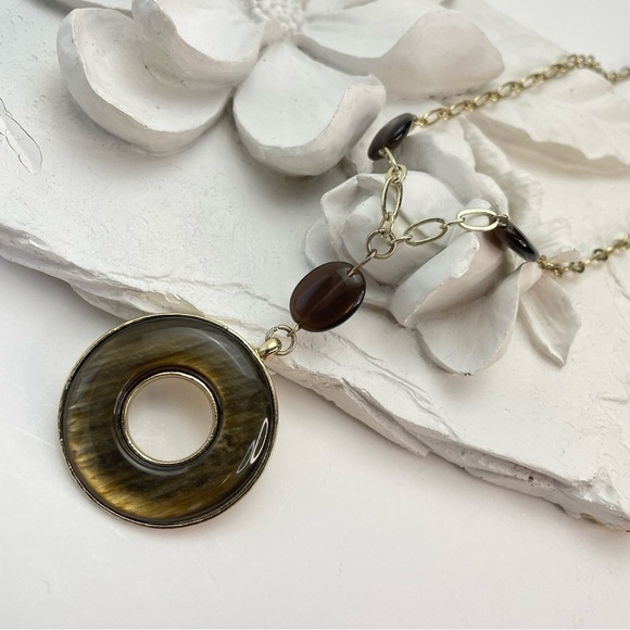 LARIAT Style Necklace 24” Gold Tone Striped Ring - Picture 8 of 8